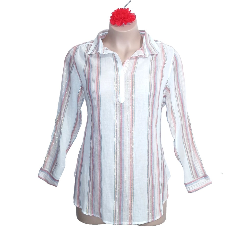 Avenue Cotton Blend Women Tunic Top 18 20 Khaki Striped Roll Tab Sleeve Beachy